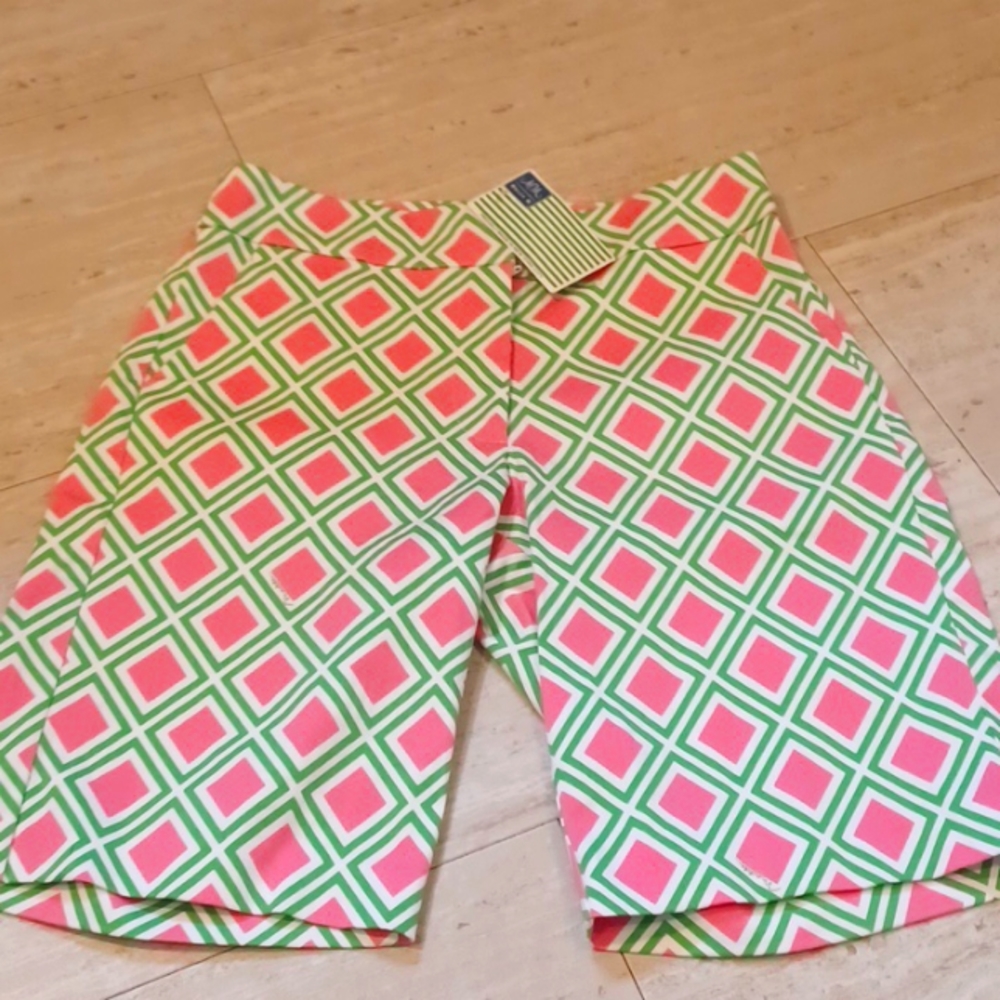 New Melly M Pink/Green Geometric Design Bermuda Shorts - Picture 1 of 6
